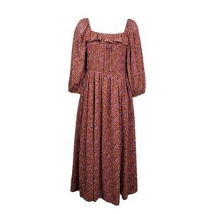 Code x Mode Rust Brown Purple Ditsy Floral Print Smocked Midi Dress Size S